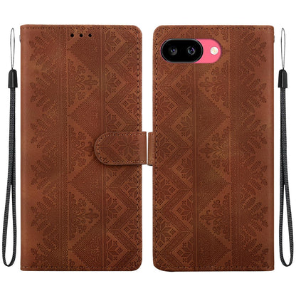 For Google Pixel 9a Ethnic Pattern Embossed Vegan Leather Phone Case - Brown - EDA009978304A