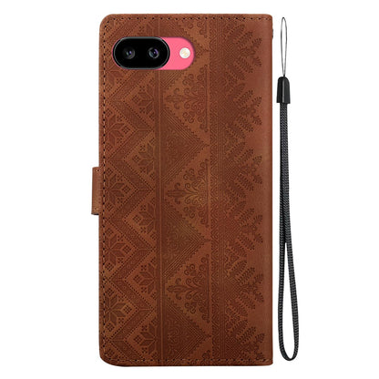 For Google Pixel 9a Ethnic Pattern Embossed Vegan Leather Phone Case - Brown - EDA009978304A
