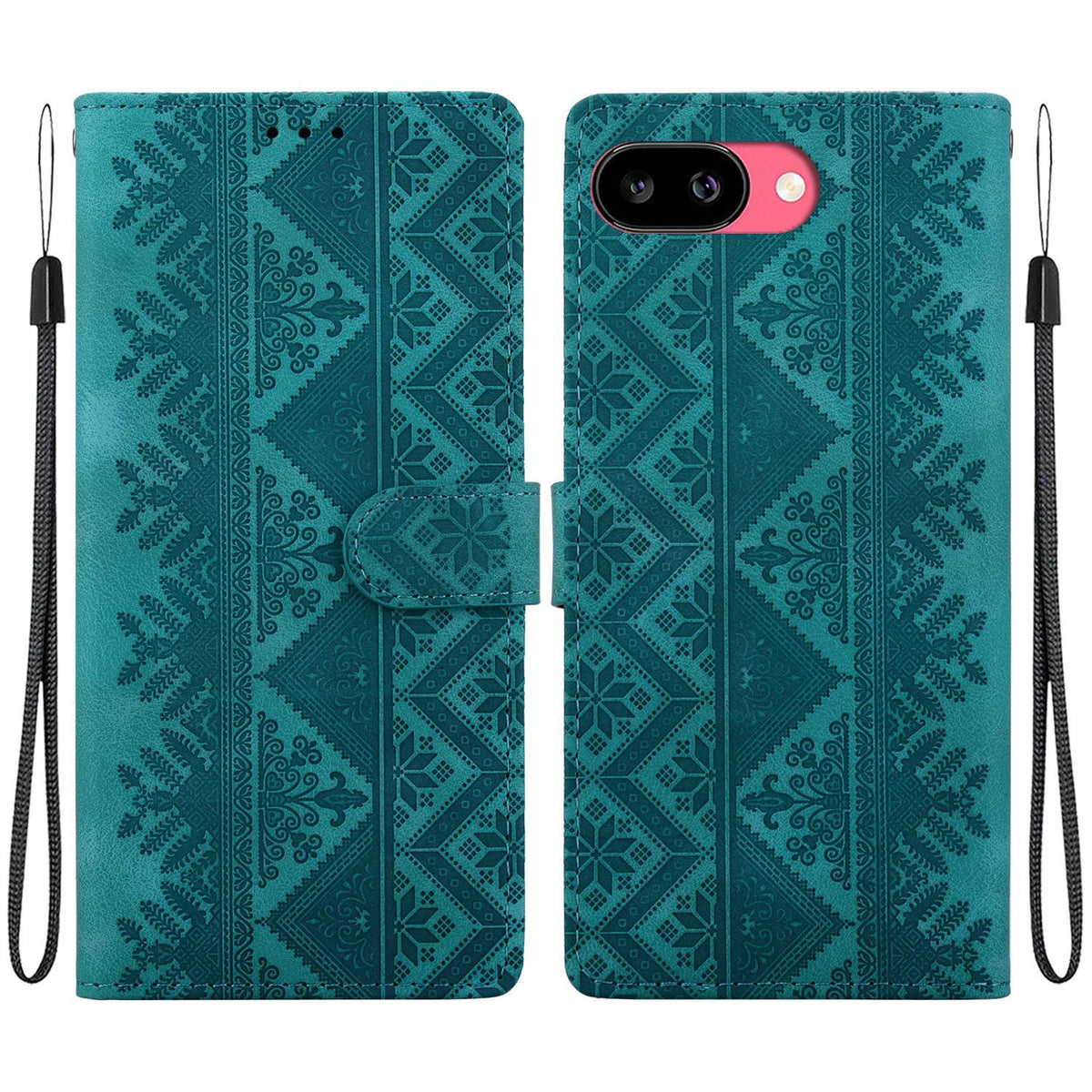 For Google Pixel 9a Ethnic Pattern Embossed Vegan Leather Phone Case - Green - EDA009978304B