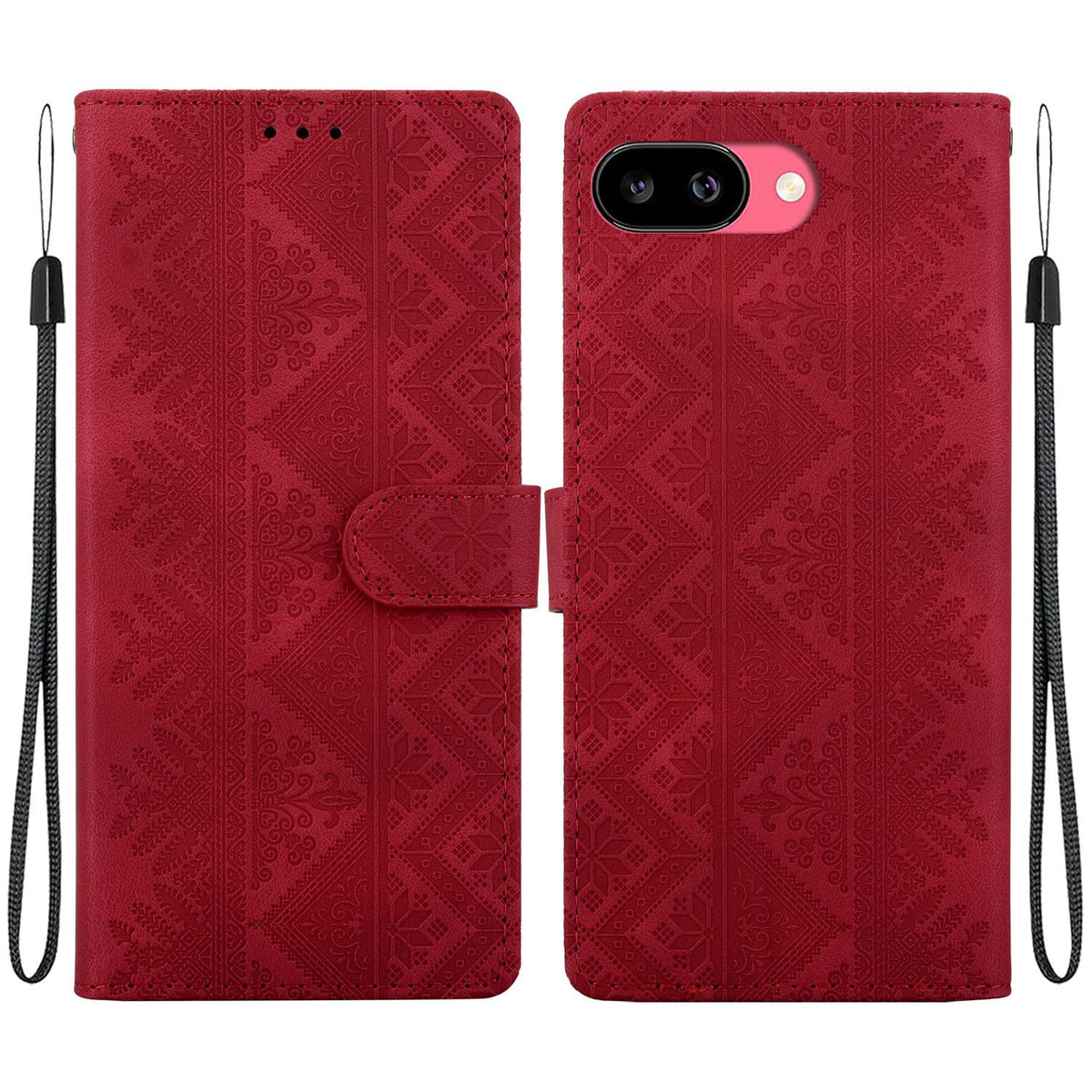 For Google Pixel 9a Ethnic Pattern Embossed Vegan Leather Phone Case - Red - EDA009978304C