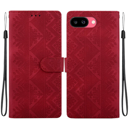 For Google Pixel 9a Ethnic Pattern Embossed Vegan Leather Phone Case - Red - EDA009978304C