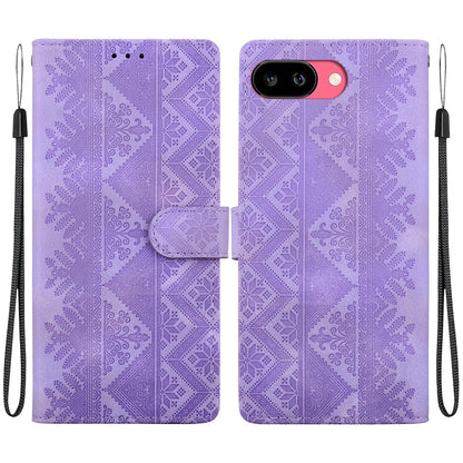 For Google Pixel 9a Ethnic Pattern Embossed Vegan Leather Phone Case - Purple - EDA009978304D