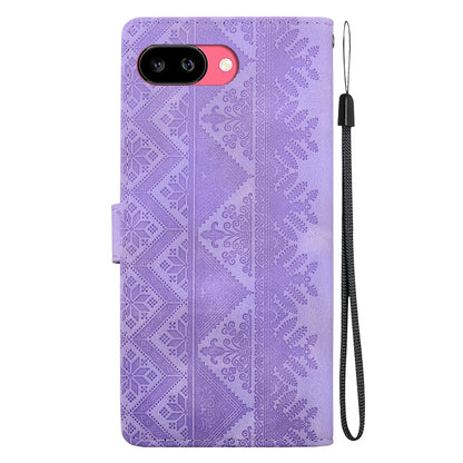 For Google Pixel 9a Ethnic Pattern Embossed Vegan Leather Phone Case - Purple - EDA009978304D