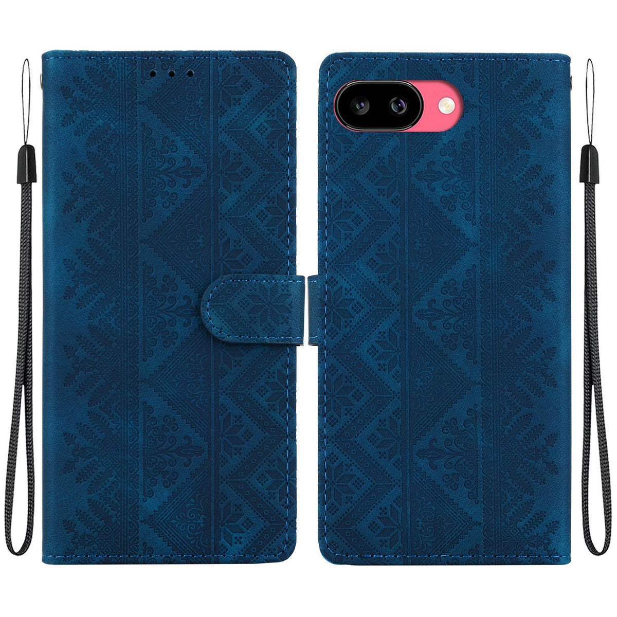 For Google Pixel 9a Ethnic Pattern Embossed Vegan Leather Phone Case - Dark Blue - EDA009978304E