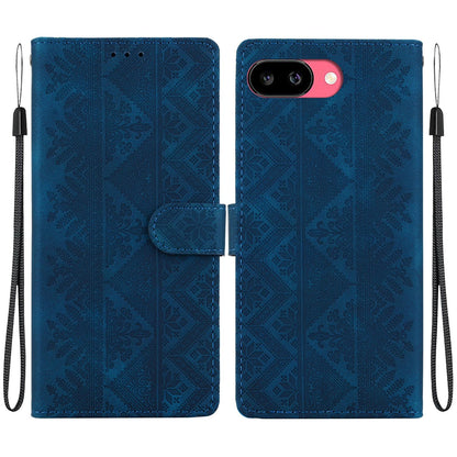 For Google Pixel 9a Ethnic Pattern Embossed Vegan Leather Phone Case - Dark Blue - EDA009978304E