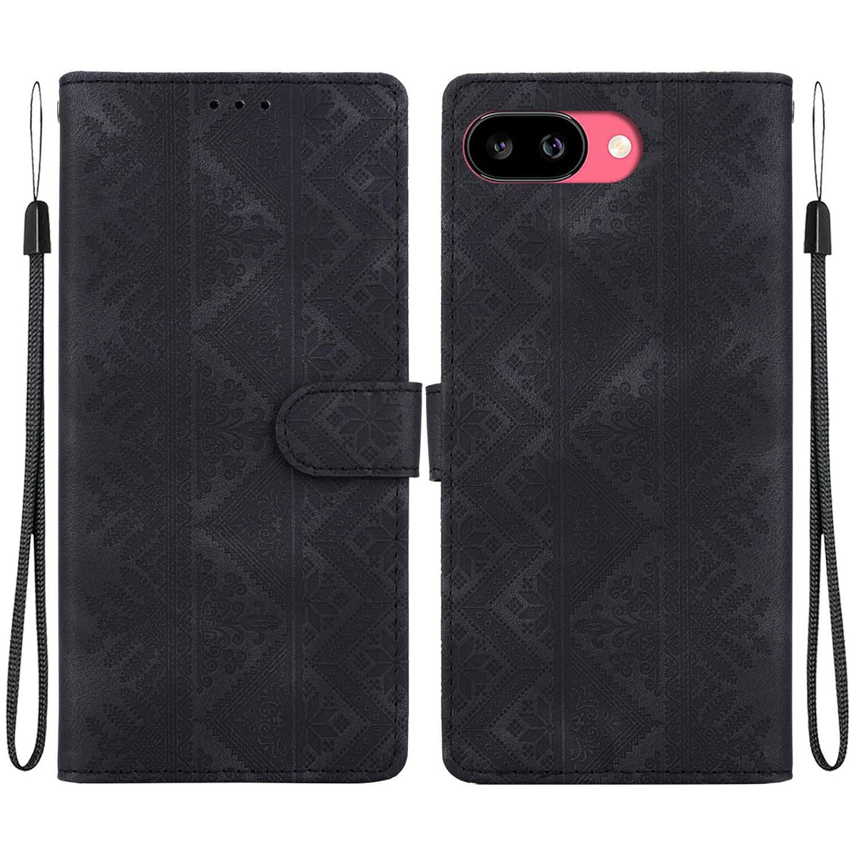 For Google Pixel 9a Ethnic Pattern Embossed Vegan Leather Phone Case - Black - EDA009978304F