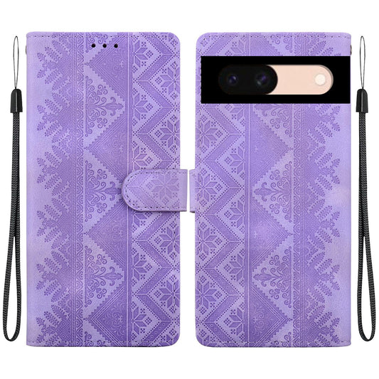 For Google Pixel 8a Ethnic Pattern Embossed Vegan Leather Phone Case - Purple - EDA009978305D