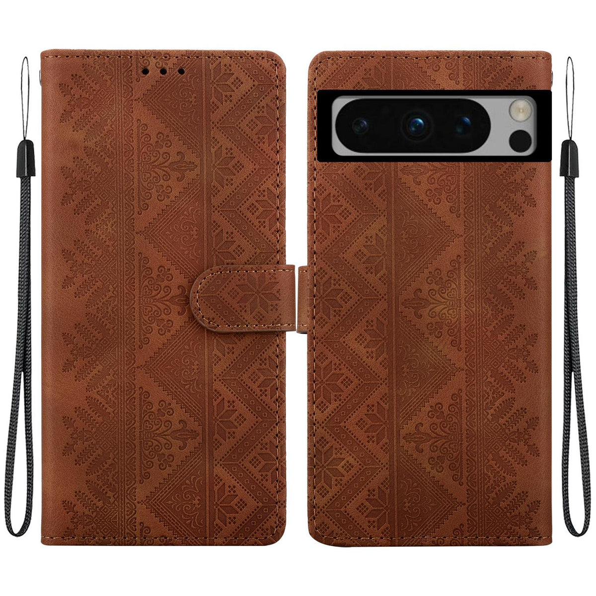 For Google Pixel 8 Pro Ethnic Pattern Embossed Vegan Leather Phone Case - Brown - EDA009978306A