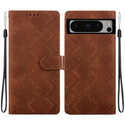 For Google Pixel 8 Pro Ethnic Pattern Embossed Vegan Leather Phone Case - Brown - EDA009978306A