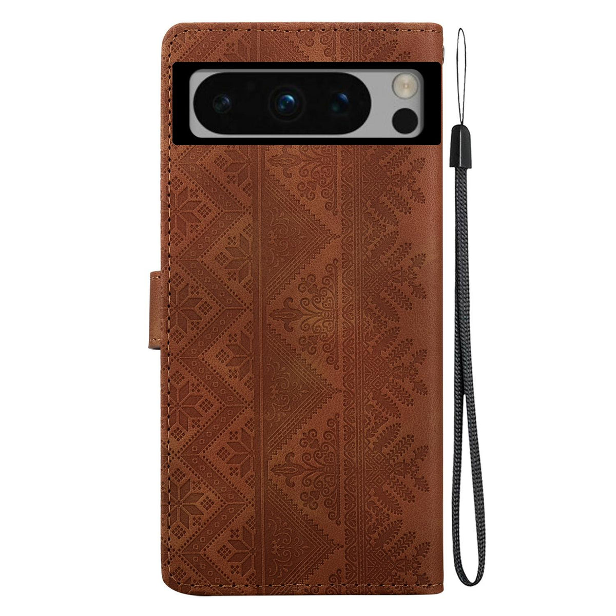 For Google Pixel 8 Pro Ethnic Pattern Embossed Vegan Leather Phone Case - Brown - EDA009978306A