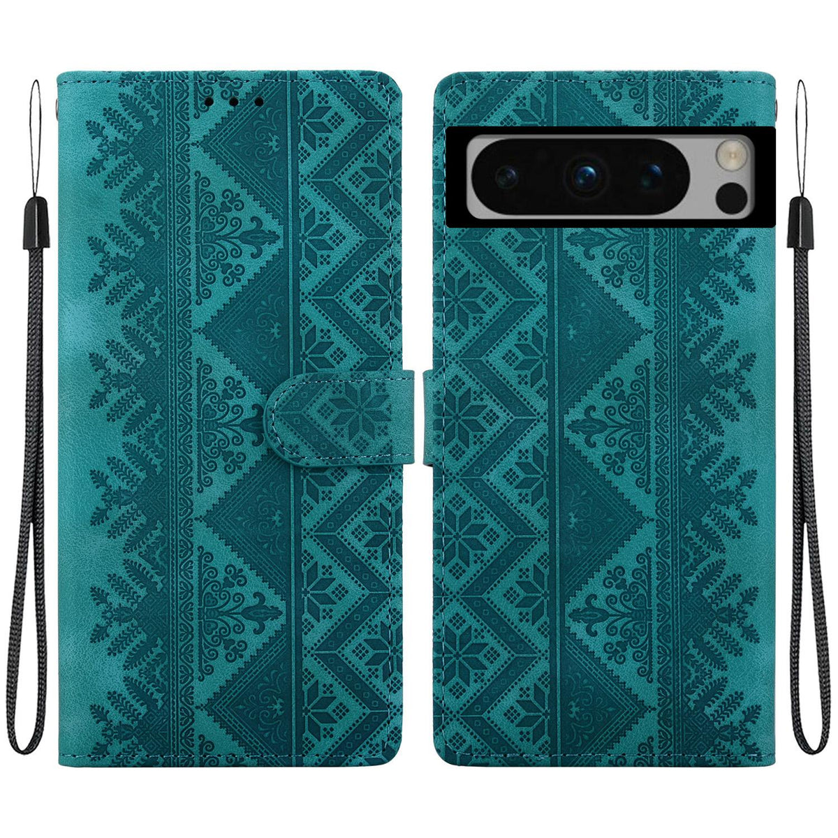 For Google Pixel 8 Pro Ethnic Pattern Embossed Vegan Leather Phone Case - Green - EDA009978306B