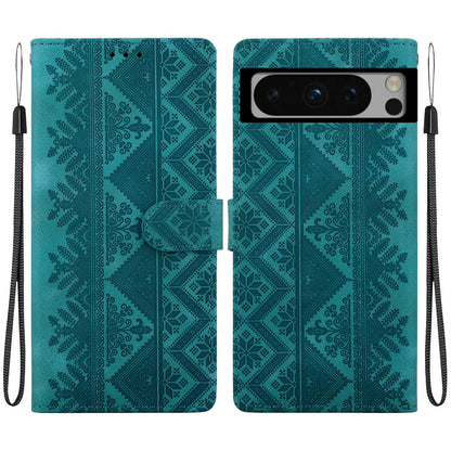 For Google Pixel 8 Pro Ethnic Pattern Embossed Vegan Leather Phone Case - Green - EDA009978306B
