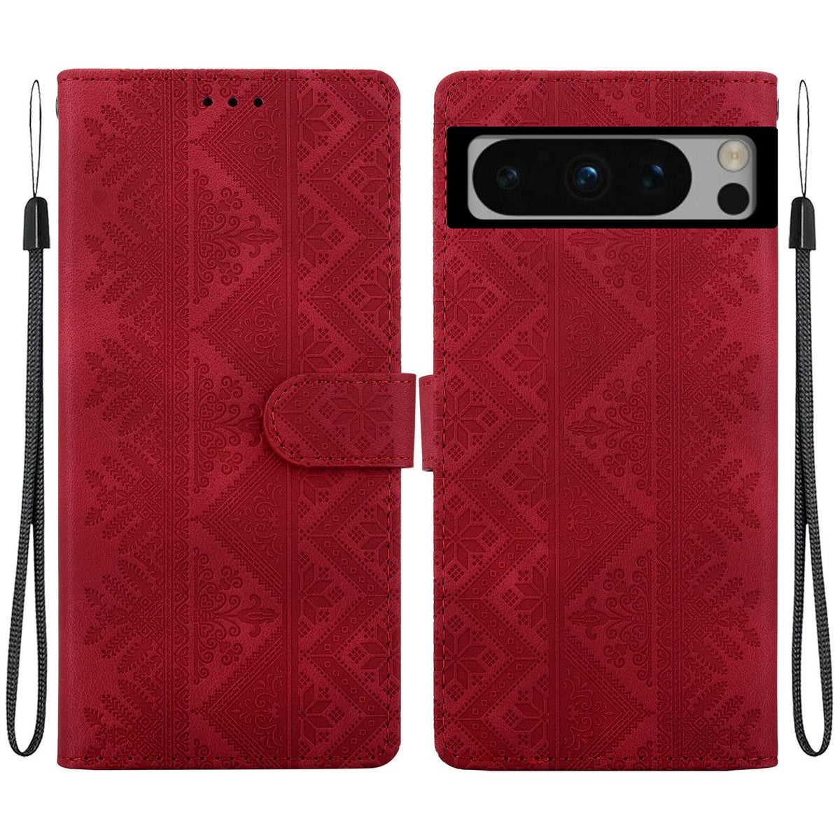 For Google Pixel 8 Pro Ethnic Pattern Embossed Vegan Leather Phone Case - Red - EDA009978306C