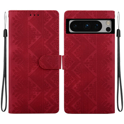 For Google Pixel 8 Pro Ethnic Pattern Embossed Vegan Leather Phone Case - Red - EDA009978306C