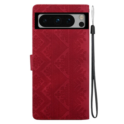 For Google Pixel 8 Pro Ethnic Pattern Embossed Vegan Leather Phone Case - Red - EDA009978306C