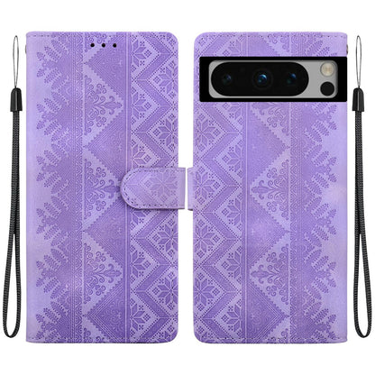 For Google Pixel 8 Pro Ethnic Pattern Embossed Vegan Leather Phone Case - Purple - EDA009978306D