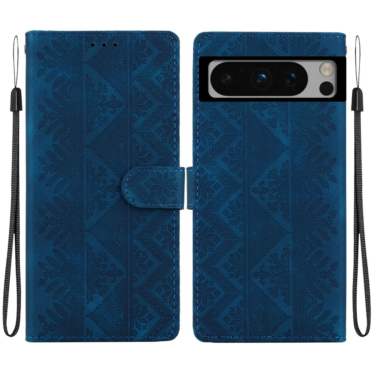 For Google Pixel 8 Pro Ethnic Pattern Embossed Vegan Leather Phone Case - Dark Blue - EDA009978306E