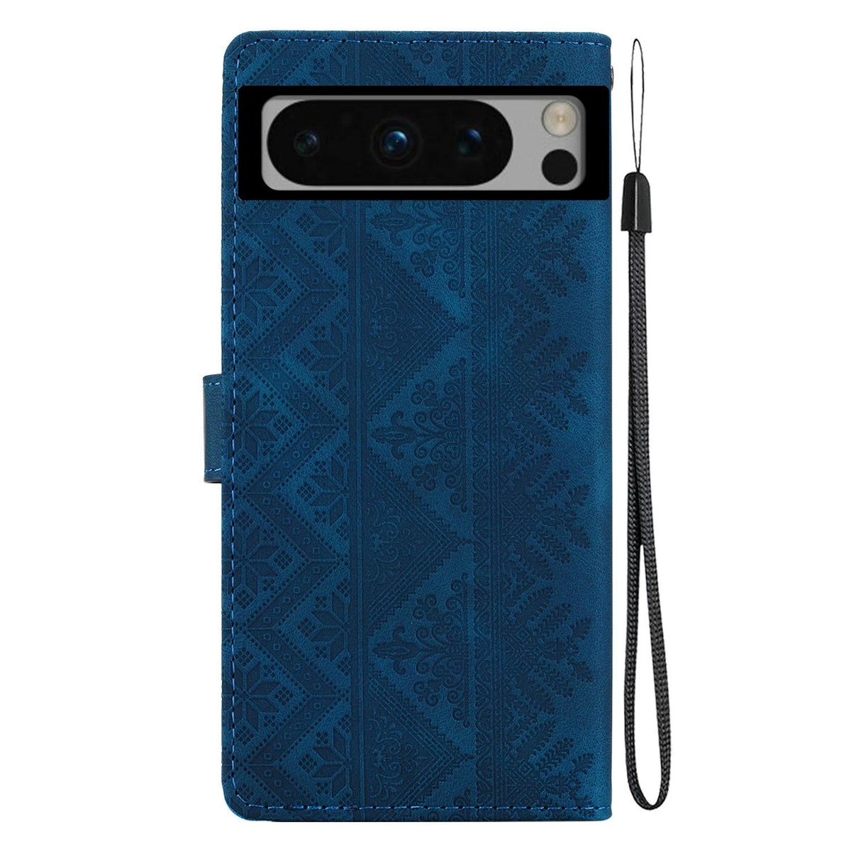 For Google Pixel 8 Pro Ethnic Pattern Embossed Vegan Leather Phone Case - Dark Blue - EDA009978306E
