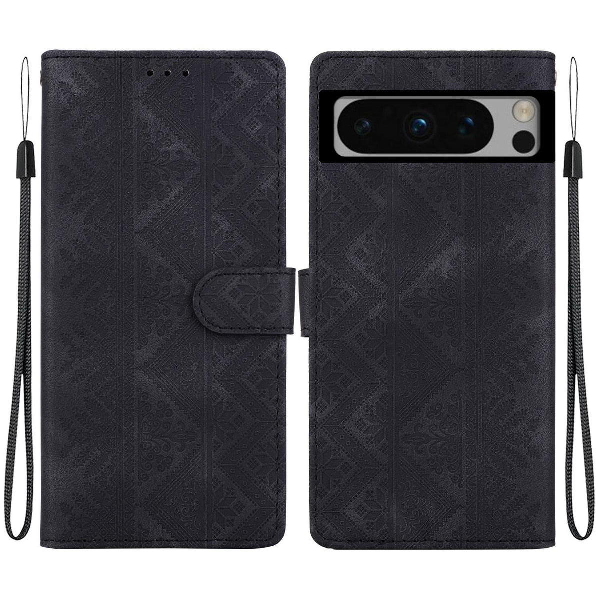 For Google Pixel 8 Pro Ethnic Pattern Embossed Vegan Leather Phone Case - Black - EDA009978306F