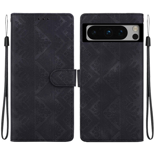 For Google Pixel 8 Pro Ethnic Pattern Embossed Vegan Leather Phone Case - Black - EDA009978306F