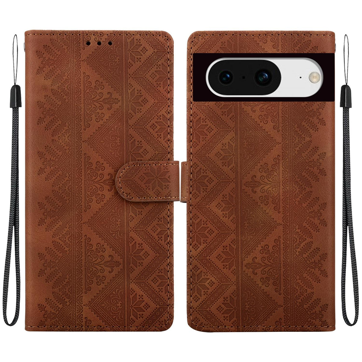 For Google Pixel 8 Ethnic Pattern Embossed Vegan Leather Phone Case - Brown - EDA009978307A