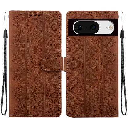 For Google Pixel 8 Ethnic Pattern Embossed Vegan Leather Phone Case - Brown - EDA009978307A