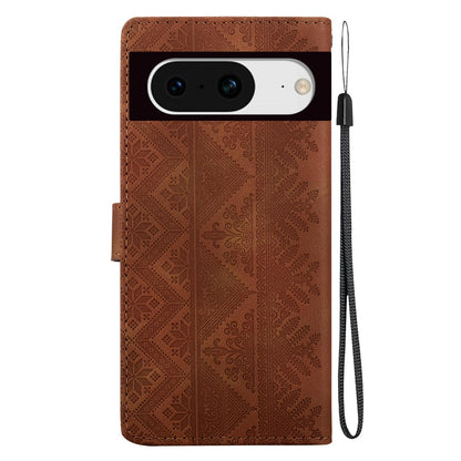 For Google Pixel 8 Ethnic Pattern Embossed Vegan Leather Phone Case - Brown - EDA009978307A