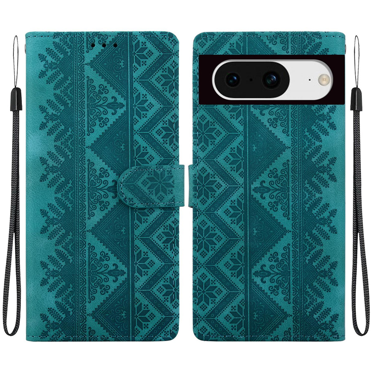 For Google Pixel 8 Ethnic Pattern Embossed Vegan Leather Phone Case - Green - EDA009978307B
