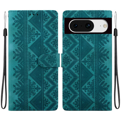 For Google Pixel 8 Ethnic Pattern Embossed Vegan Leather Phone Case - Green - EDA009978307B