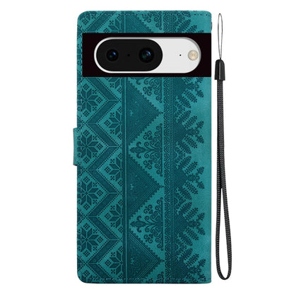 For Google Pixel 8 Ethnic Pattern Embossed Vegan Leather Phone Case - Green - EDA009978307B