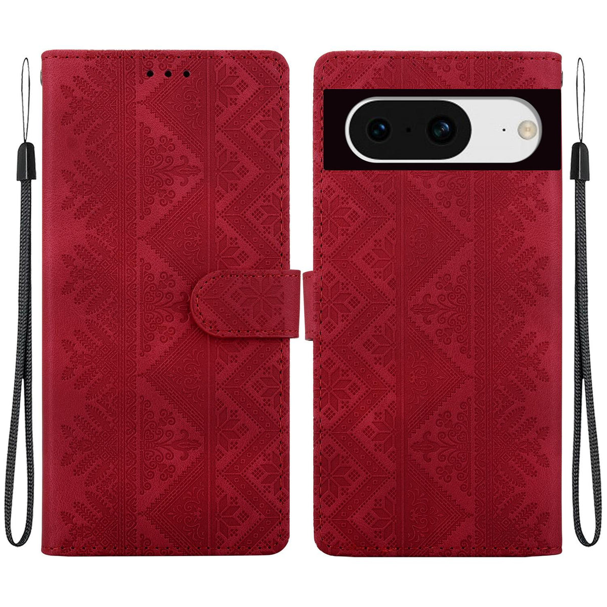 For Google Pixel 8 Ethnic Pattern Embossed Vegan Leather Phone Case - Red - EDA009978307C