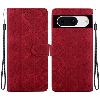 For Google Pixel 8 Ethnic Pattern Embossed Vegan Leather Phone Case - Red - EDA009978307C