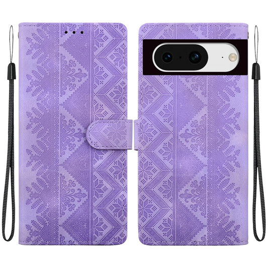 For Google Pixel 8 Ethnic Pattern Embossed Vegan Leather Phone Case - Purple - EDA009978307D
