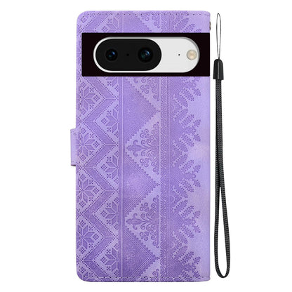 For Google Pixel 8 Ethnic Pattern Embossed Vegan Leather Phone Case - Purple - EDA009978307D