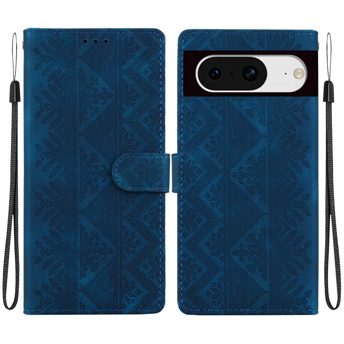 For Google Pixel 8 Ethnic Pattern Embossed Vegan Leather Phone Case - Dark Blue - EDA009978307E