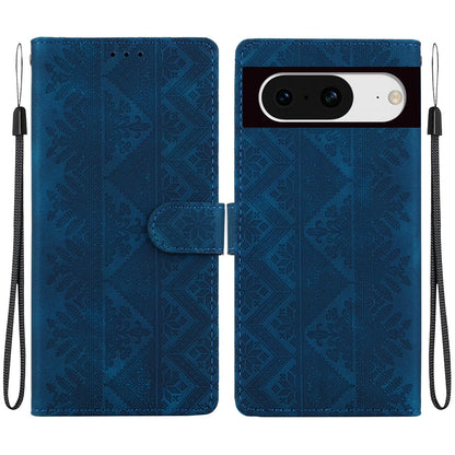 For Google Pixel 8 Ethnic Pattern Embossed Vegan Leather Phone Case - Dark Blue - EDA009978307E