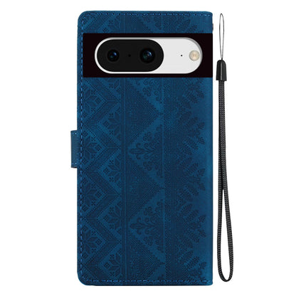 For Google Pixel 8 Ethnic Pattern Embossed Vegan Leather Phone Case - Dark Blue - EDA009978307E