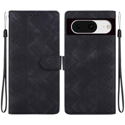 For Google Pixel 8 Ethnic Pattern Embossed Vegan Leather Phone Case - Black - EDA009978307F