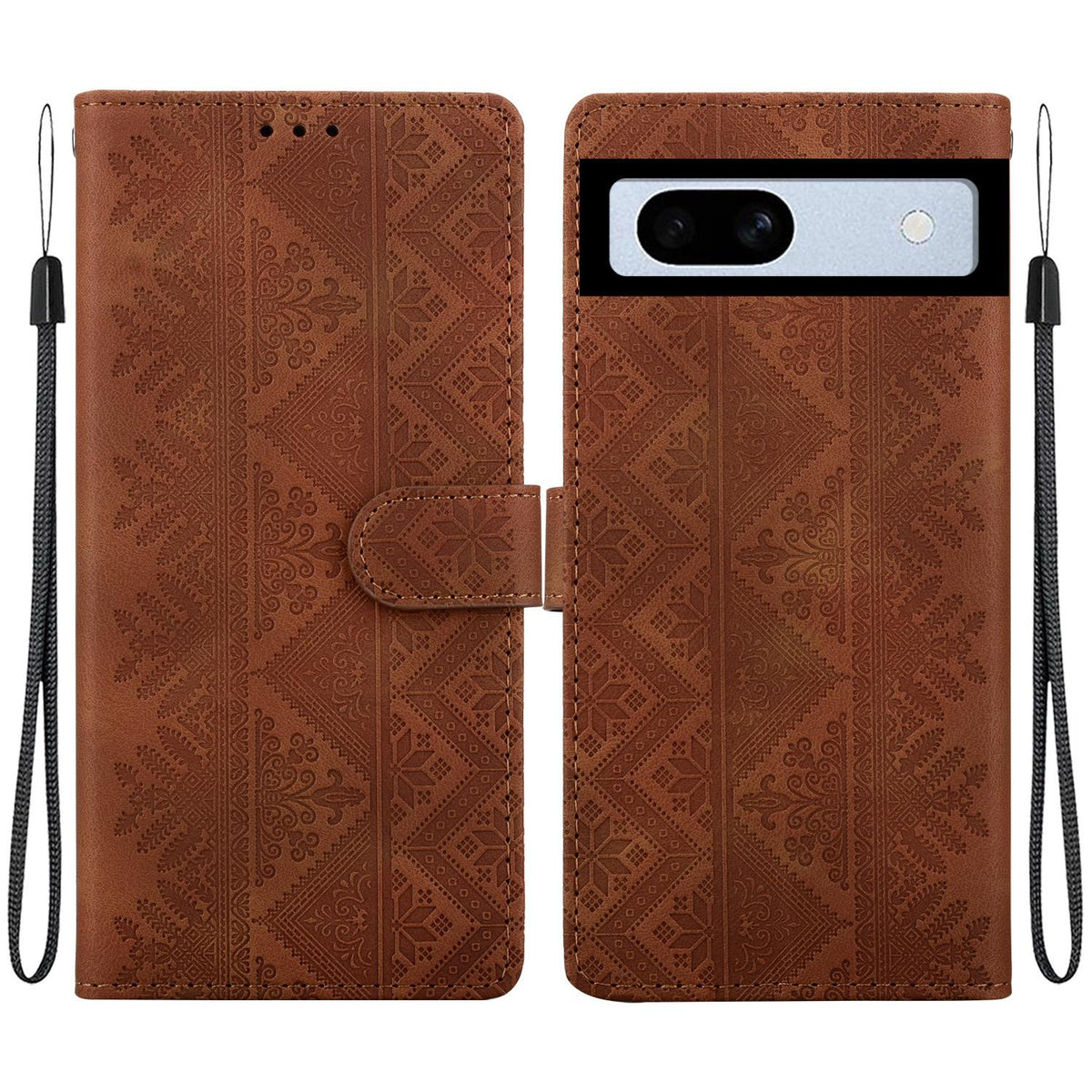 For Google Pixel 7a Ethnic Pattern Embossed Vegan Leather Phone Case - Brown - EDA009978308A