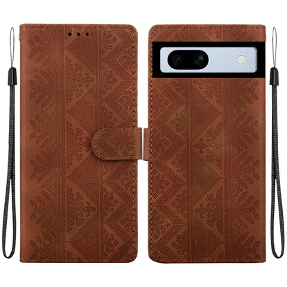 For Google Pixel 7a Ethnic Pattern Embossed Vegan Leather Phone Case - Brown - EDA009978308A