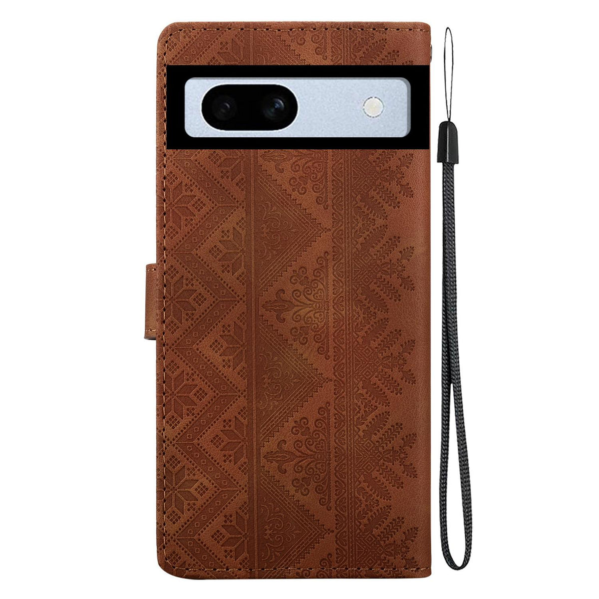 For Google Pixel 7a Ethnic Pattern Embossed Vegan Leather Phone Case - Brown - EDA009978308A