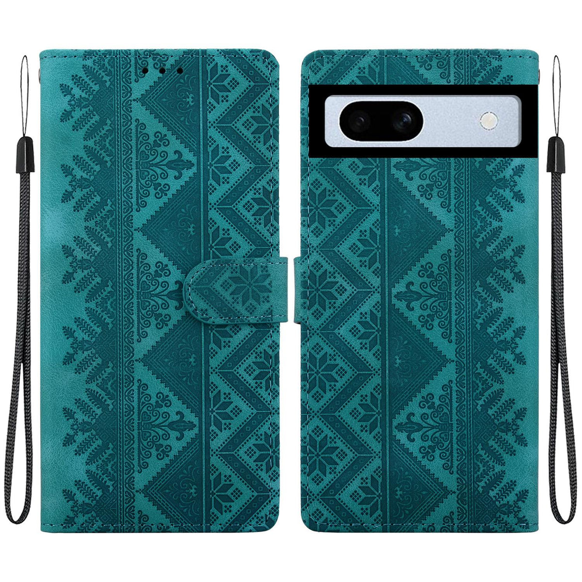 For Google Pixel 7a Ethnic Pattern Embossed Vegan Leather Phone Case - Green - EDA009978308B