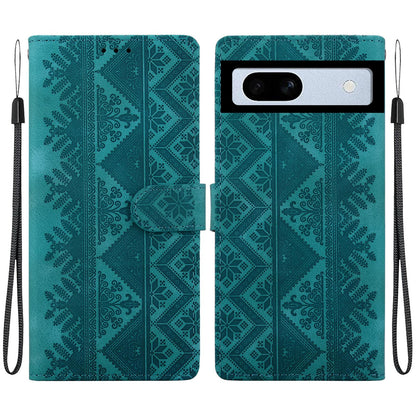 For Google Pixel 7a Ethnic Pattern Embossed Vegan Leather Phone Case - Green - EDA009978308B