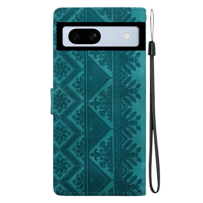 For Google Pixel 7a Ethnic Pattern Embossed Vegan Leather Phone Case - Green - EDA009978308B