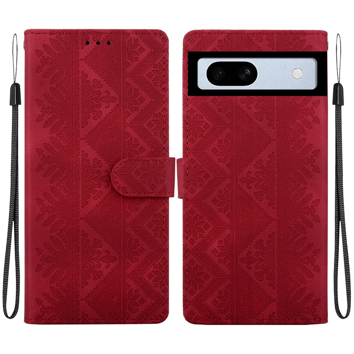 For Google Pixel 7a Ethnic Pattern Embossed Vegan Leather Phone Case - Red - EDA009978308C