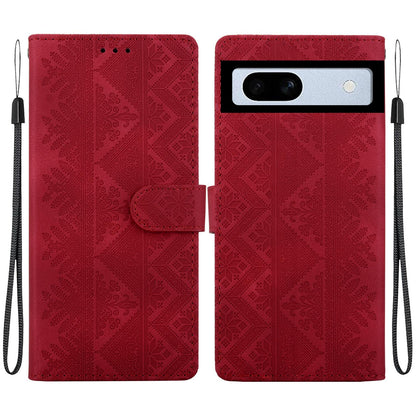 For Google Pixel 7a Ethnic Pattern Embossed Vegan Leather Phone Case - Red - EDA009978308C