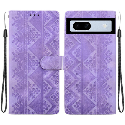 For Google Pixel 7a Ethnic Pattern Embossed Vegan Leather Phone Case - Purple - EDA009978308D