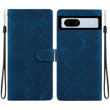 For Google Pixel 7a Ethnic Pattern Embossed Vegan Leather Phone Case - Dark Blue - EDA009978308E