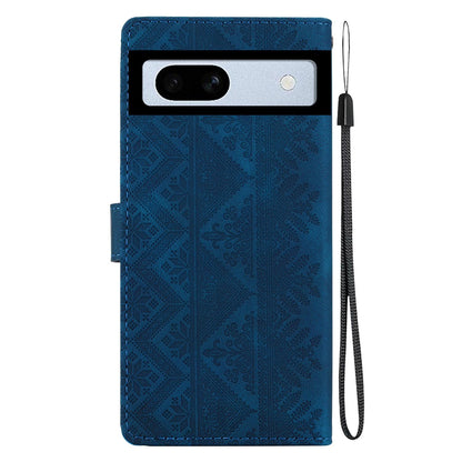 For Google Pixel 7a Ethnic Pattern Embossed Vegan Leather Phone Case - Dark Blue - EDA009978308E