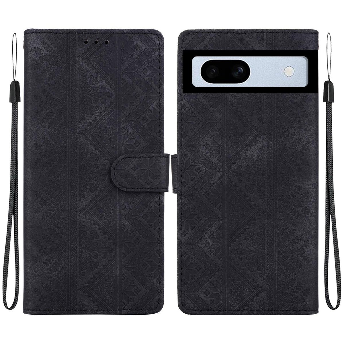 For Google Pixel 7a Ethnic Pattern Embossed Vegan Leather Phone Case - Black - EDA009978308F